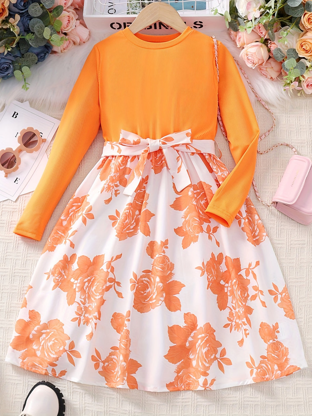 Girls Long Sleeves Round Neck Flowers Splicing Belted Dress For Party Kids Spring Clothes