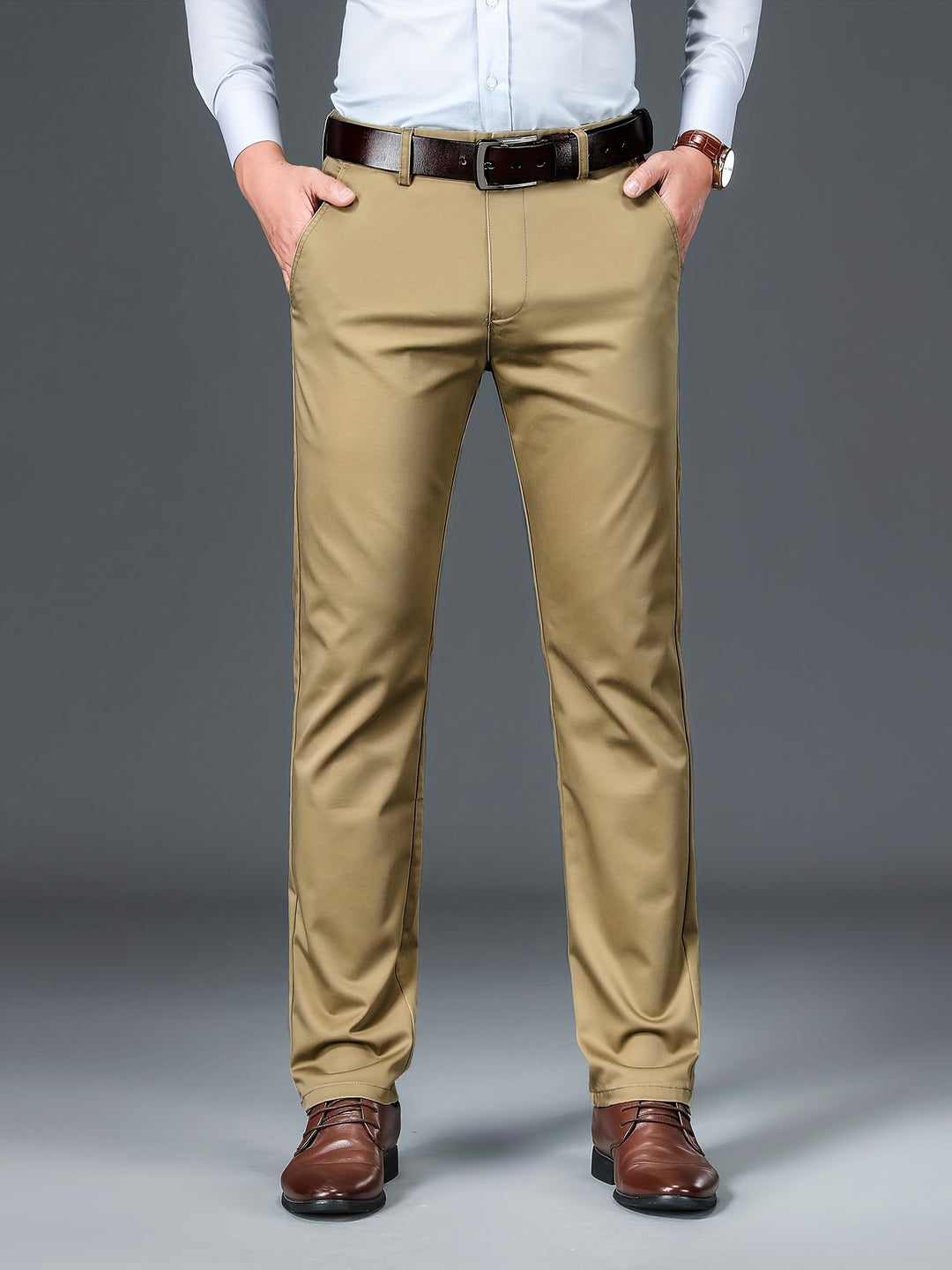 Classic Design Dress Pants, Men's Formal Solid Color Slightly Stretch Dress Pants For Spring Summer Business