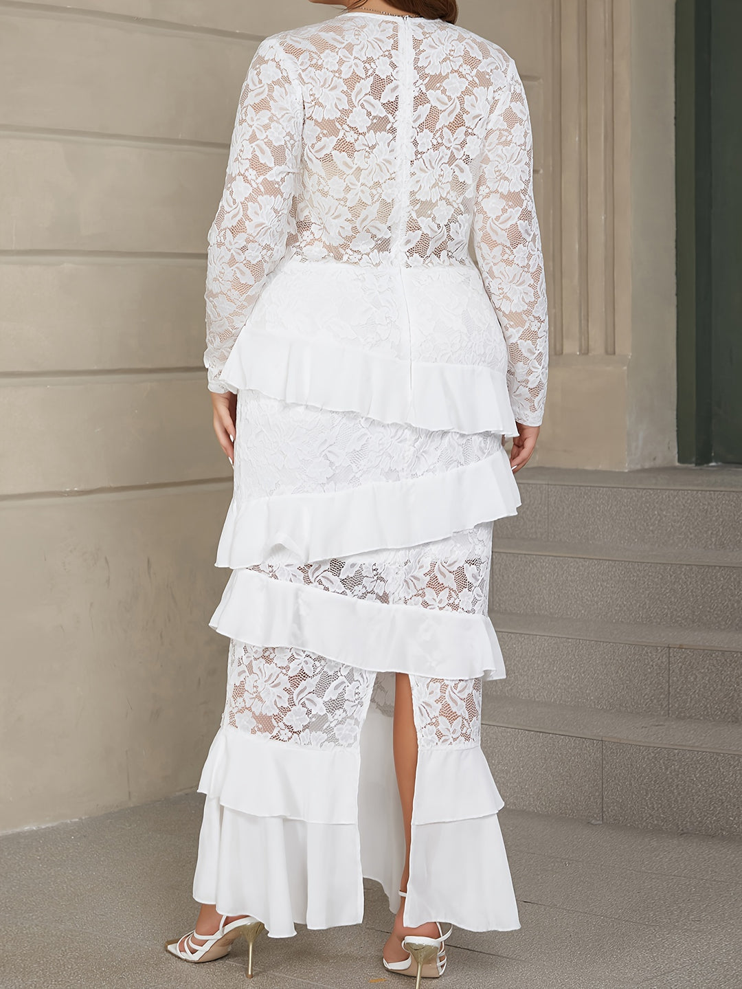 Plus Size elegant Dress, Women's Plus Solid Contrast Lace Long Sleeve Round Neck Ruffle Trim Maxi Dress