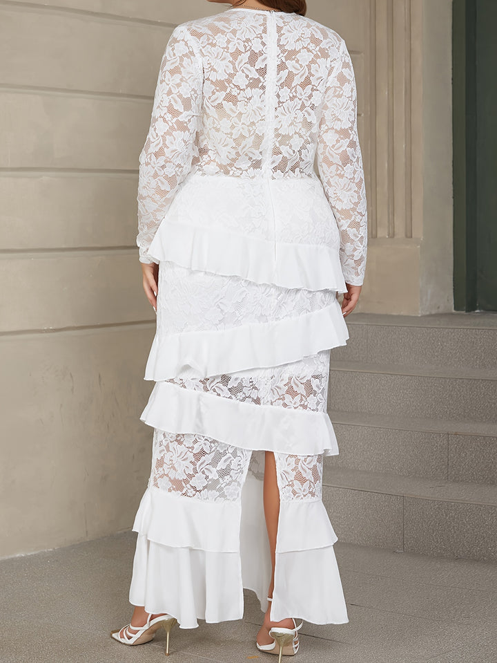 Plus Size elegant Dress, Women's Plus Solid Contrast Lace Long Sleeve Round Neck Ruffle Trim Maxi Dress