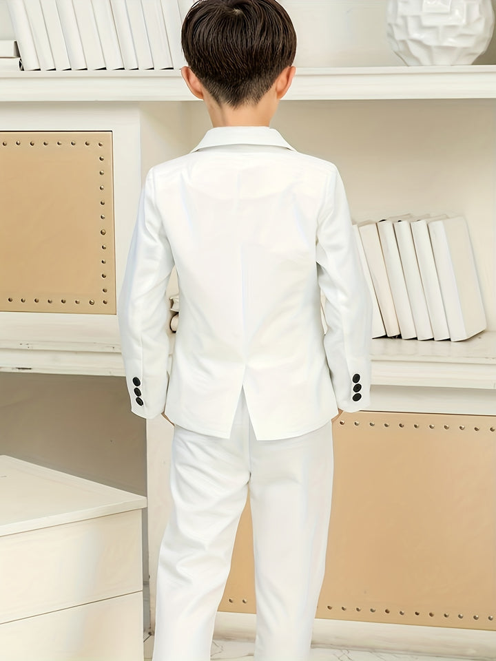 5pcs Boys Formal Gentleman Outfits Long Sleeve White Blazer&Bowtie&Shirt&Pants&Vest, Kids Clothing Set For Competition Performance Wedding Banquet Dress