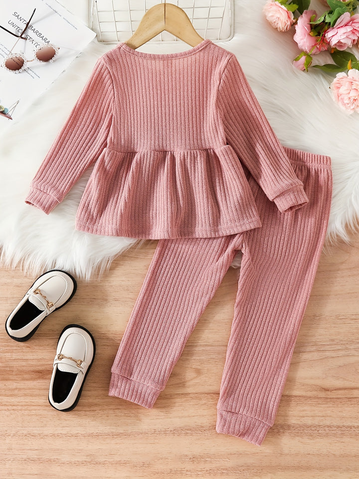 Toddler Girls Ribbed Long Sleeve Flared Hem Top + Matching Pants Kids Clothes
