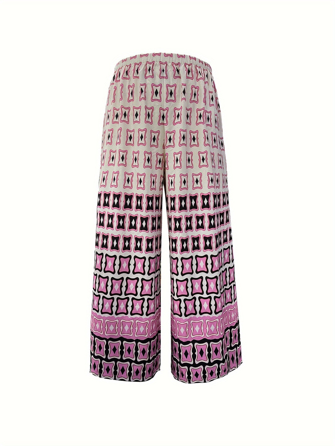 Plus Size Casual Outfits Set, Women's Plus Colorblock Geometric Print Long Sleeve Round Neck Dress & Pants Outfits 2 Piece Set