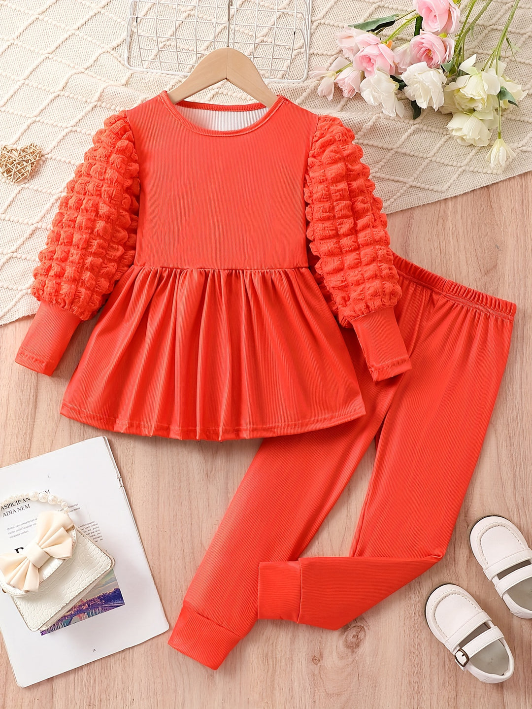 Solid Outfits 2pc Girls Puff Long Sleeve Top +pants Kids Clothes For Fall