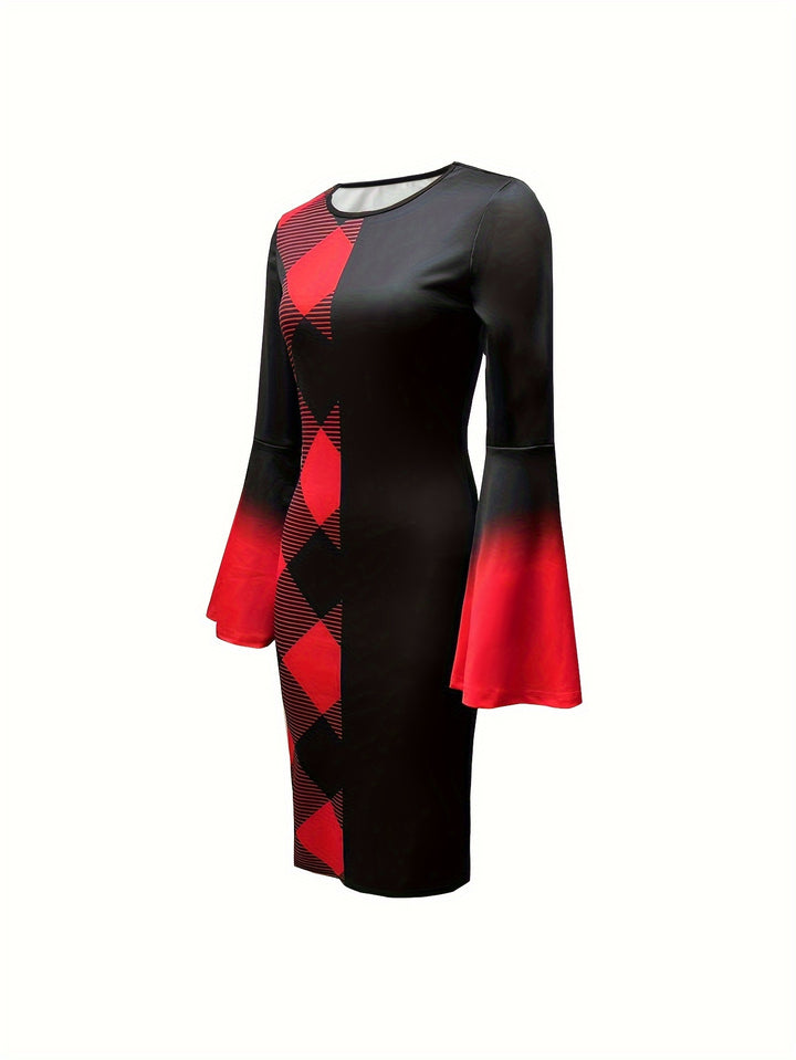 Elegant Plaid Print Dress with Flared Sleeves and Color Block Design, Perfect for Any Occasion