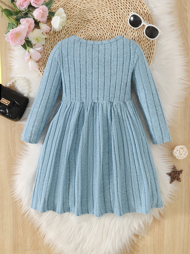 Girls Solid Color Dress Simple And Versatile Round Neck Long Sleeve Dress