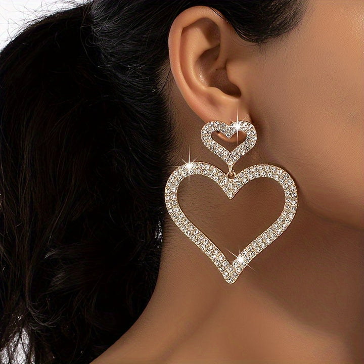 Double Hollow Heart Design Full Shiny Rhinestone Inlaid Dangle Earrings Elegant Sexy Style Valentine's Day Gift