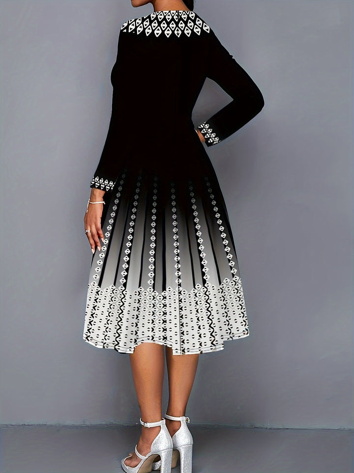 Plus Size Elegant Dress, Women's Plus Geo & Ombre Print Long Sleeve Round Neck A-line Formal Dress