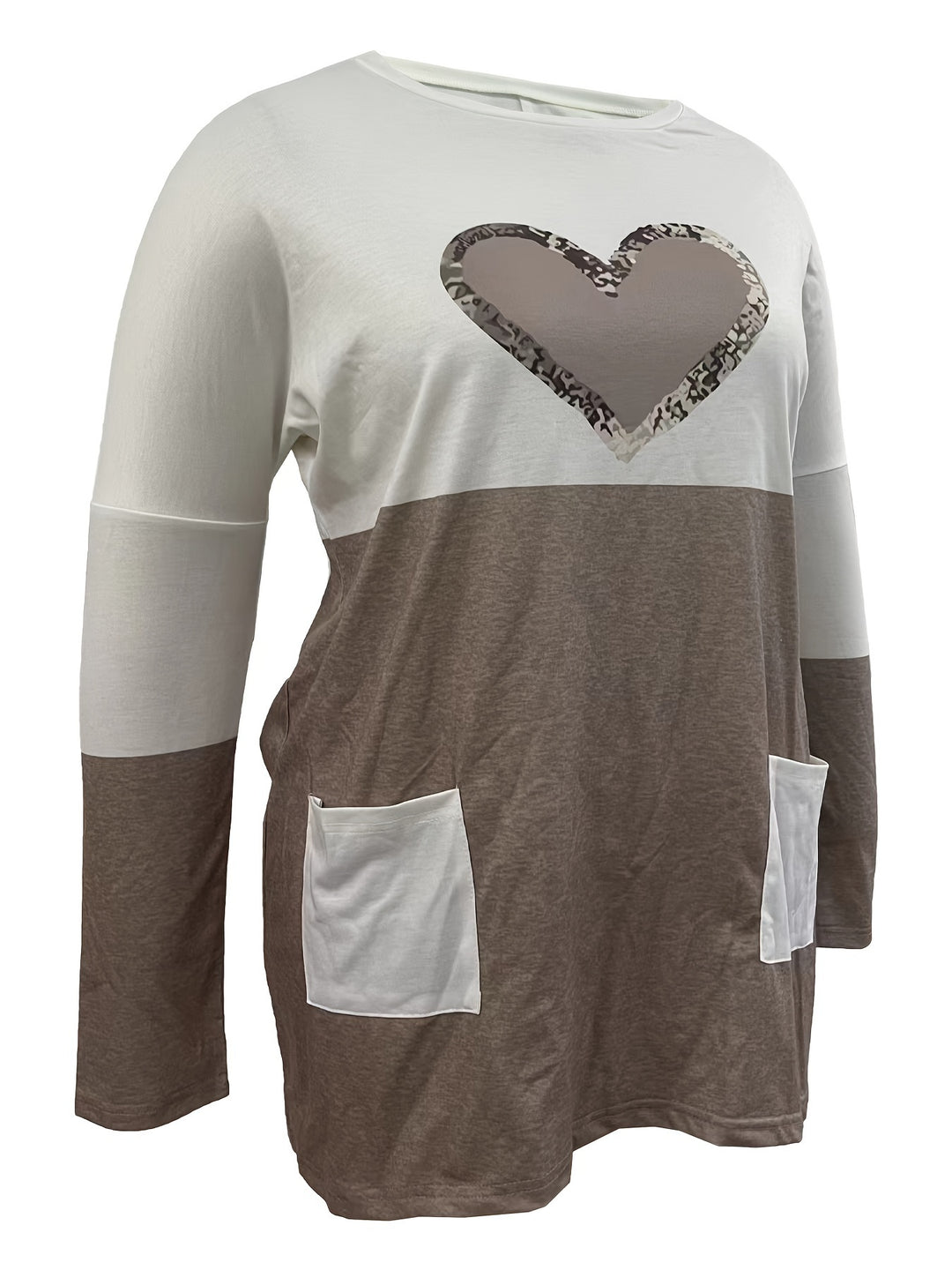 Plus Size Casual T-shirt, Women's Plus Colorblock Heart Print Drop Shoulder Long Sleeve Round Neck Tunic T-shirt With Pockets