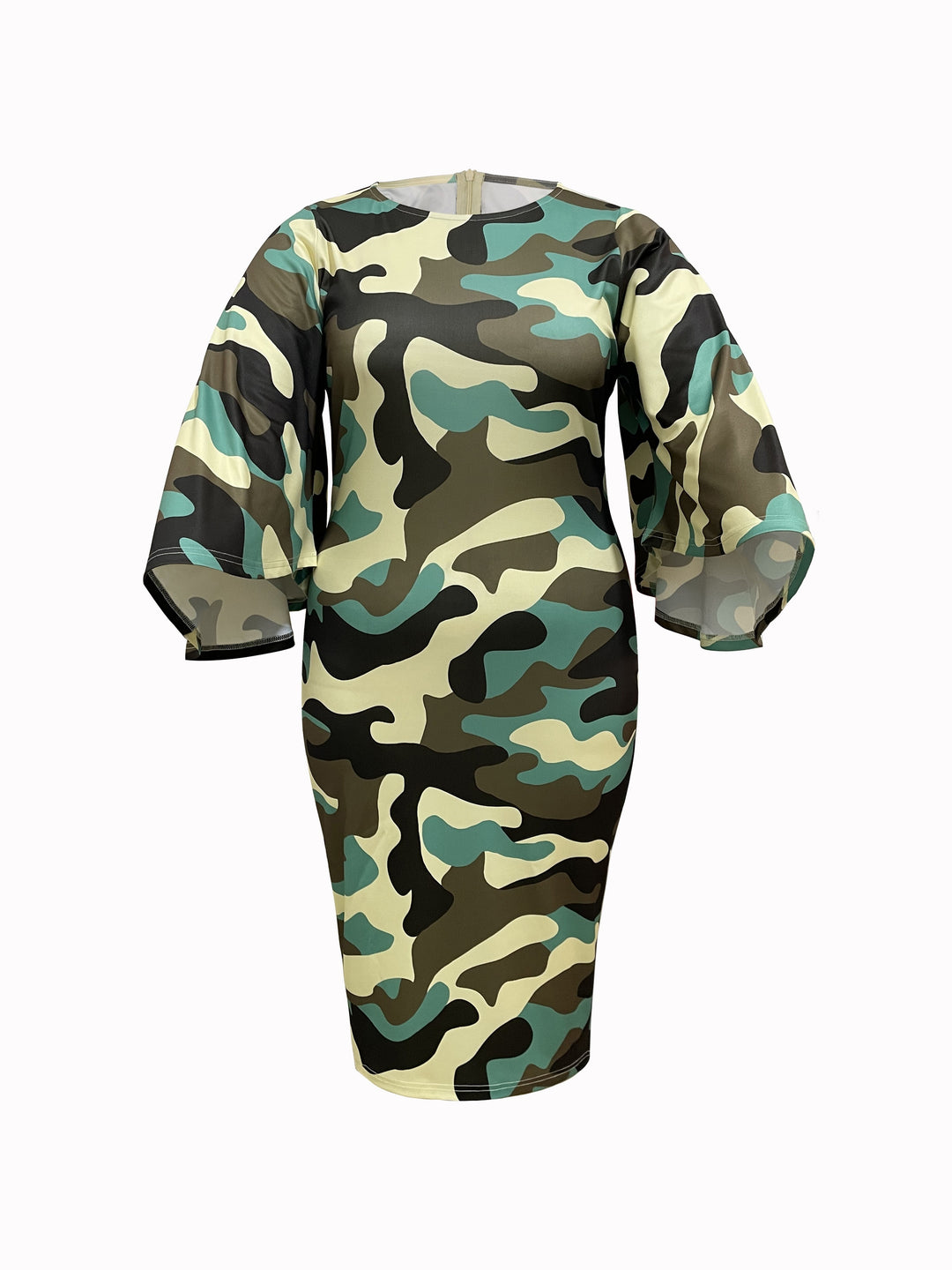 Plus Size Casual Dress, Women's Plus Camo Butterfly Sleeve Round Neck Bodycon Midi Dress