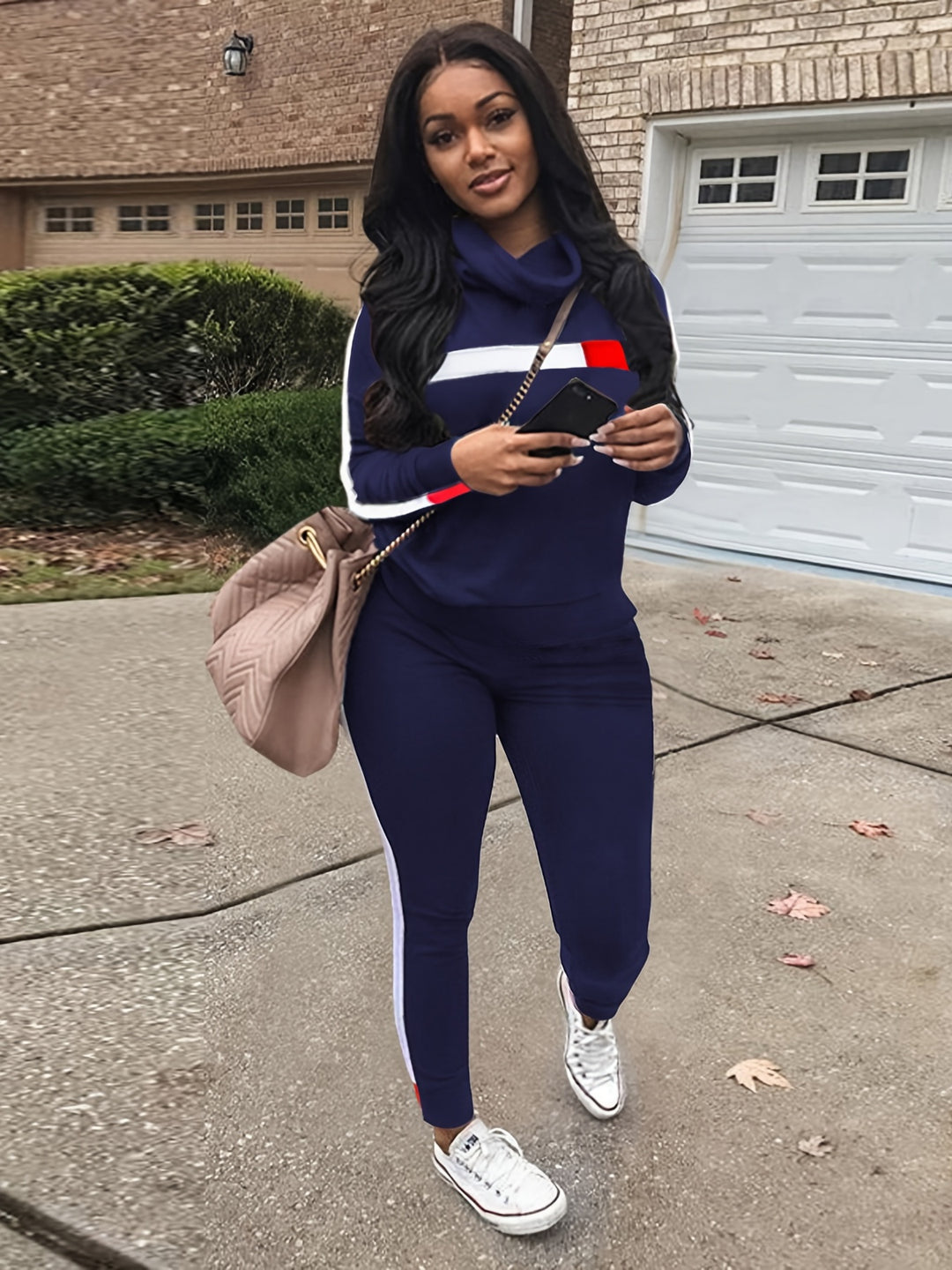 Striped Graphic 2 Piece Tracksuit Outfits, Casual Turtleneck Pullover Shirt & Sweatpants, Women's Clothing