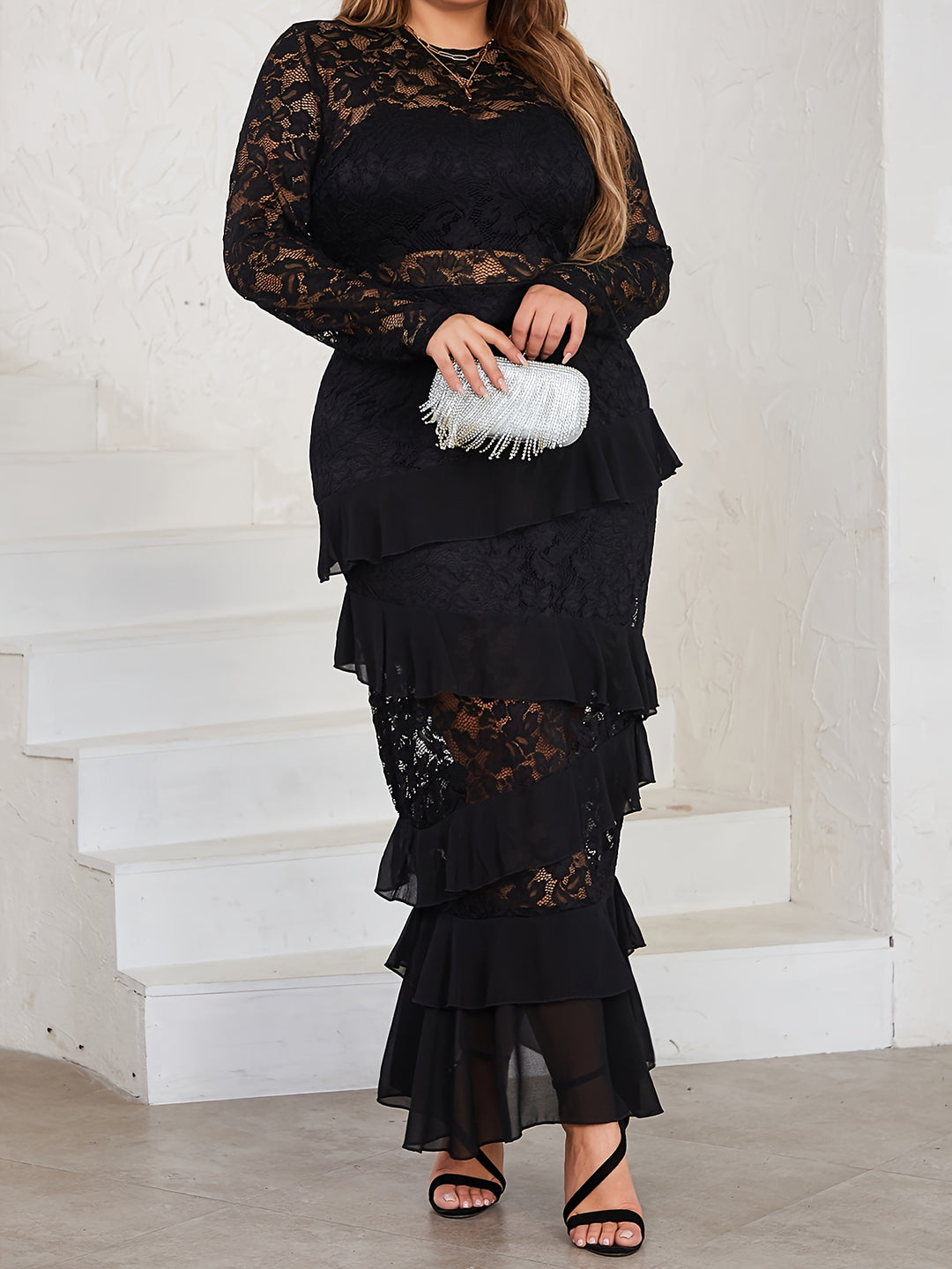 Plus Size elegant Dress, Women's Plus Solid Contrast Lace Long Sleeve Round Neck Ruffle Trim Maxi Dress