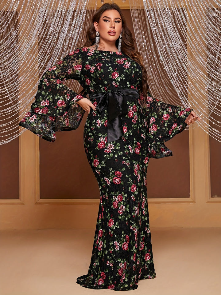 Elegant Plus Size Floral Dress for Parties and Banquets, with Flare Sleeves and Belted Waist