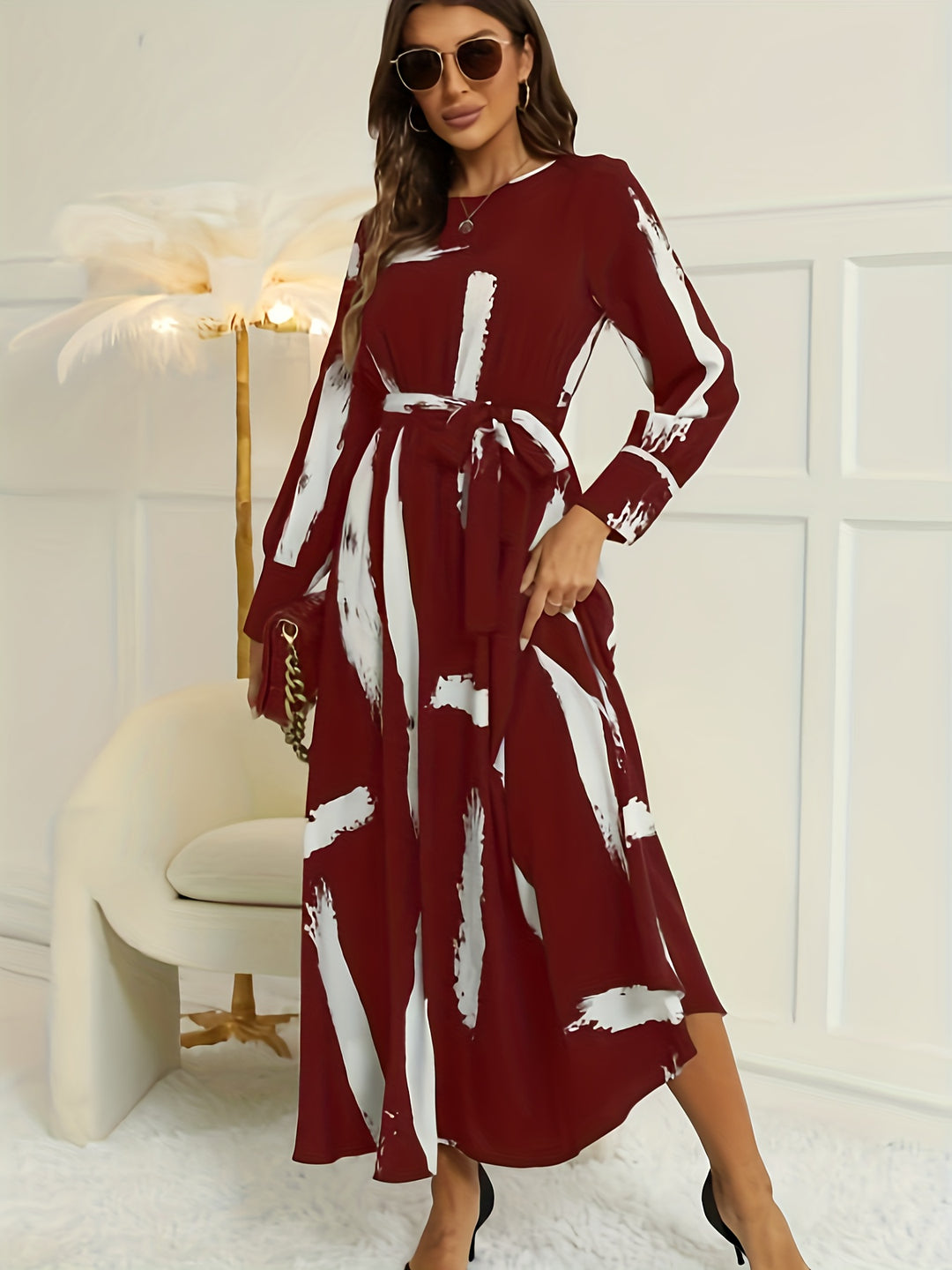 Brush Print Keyhole Dress, Elegant Long Sleeve Maxi Dress, Women's Clothing