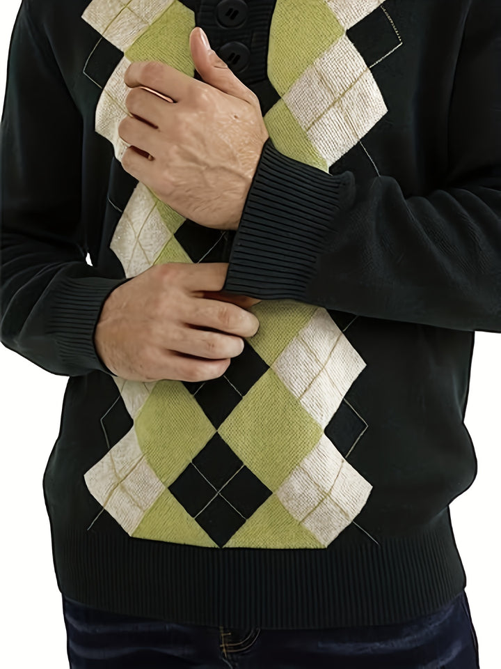 Retro All Match Knitted Argyle Sweater, Men's Casual Warm Middle Stretch Shawl Collar Pullover Sweater For Men Fall Winter