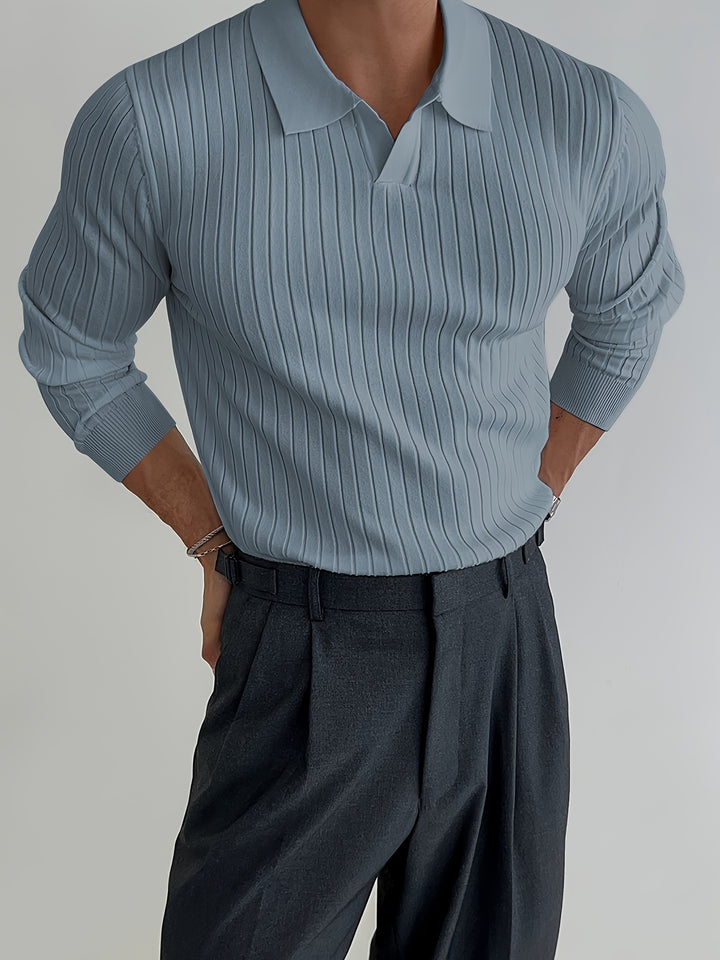 Solid Chic Knit Shirt, Men's Casual Lapel Slightly Stretch V-Neck Pullover Sweater For Autumn Winter