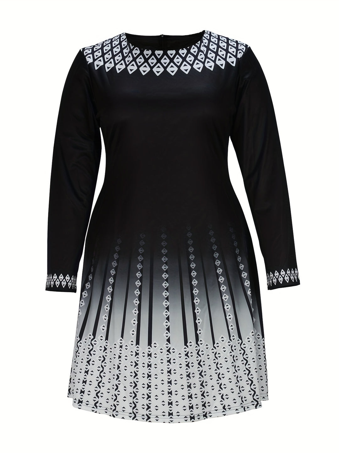 Plus Size Elegant Dress, Women's Plus Geo & Ombre Print Long Sleeve Round Neck A-line Formal Dress