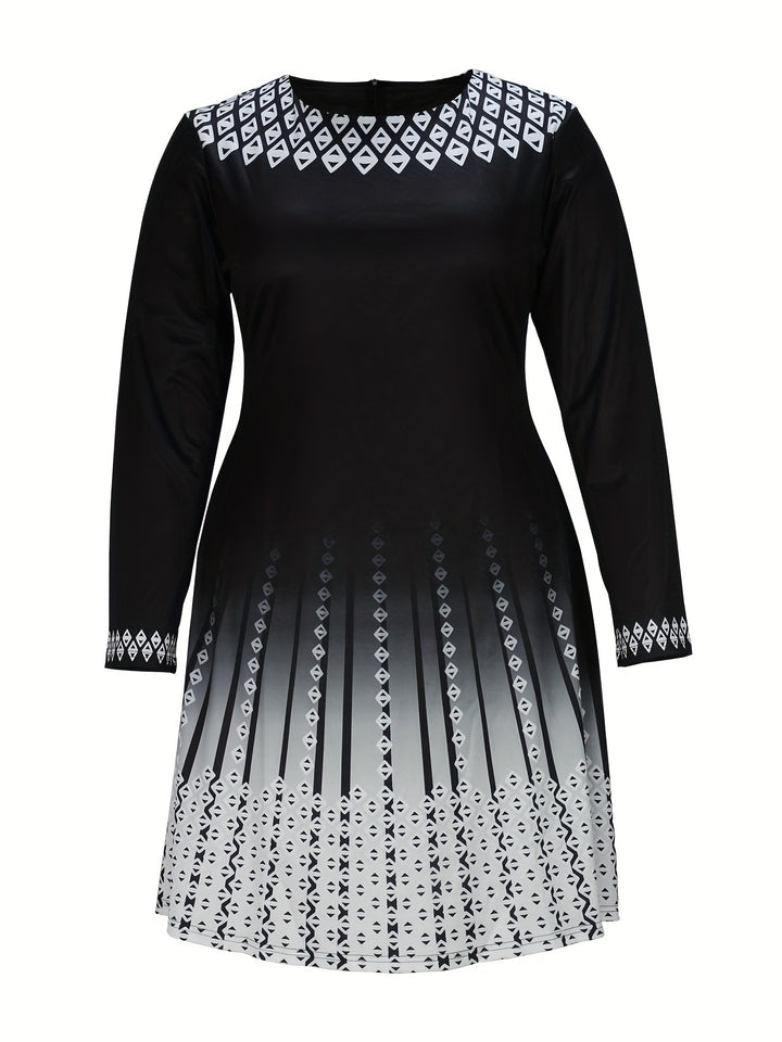 Plus Size Elegant Dress, Women's Plus Geo & Ombre Print Long Sleeve Round Neck A-line Formal Dress