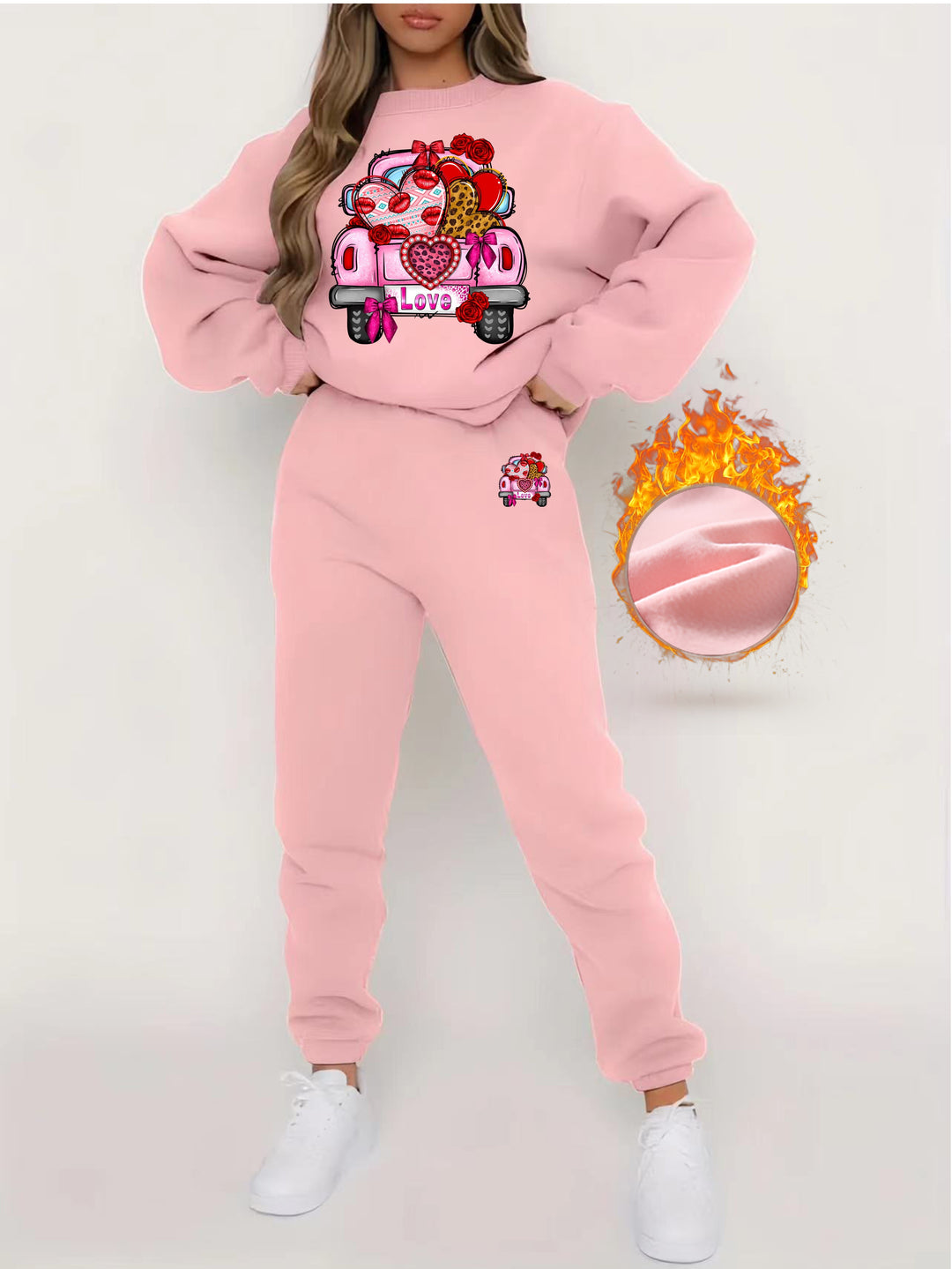 Valentine's Day Print Fleece Two-piece Set, Casual Long Sleeve Sweatshirt & Jogger Pants Outfits, Women's Clothing