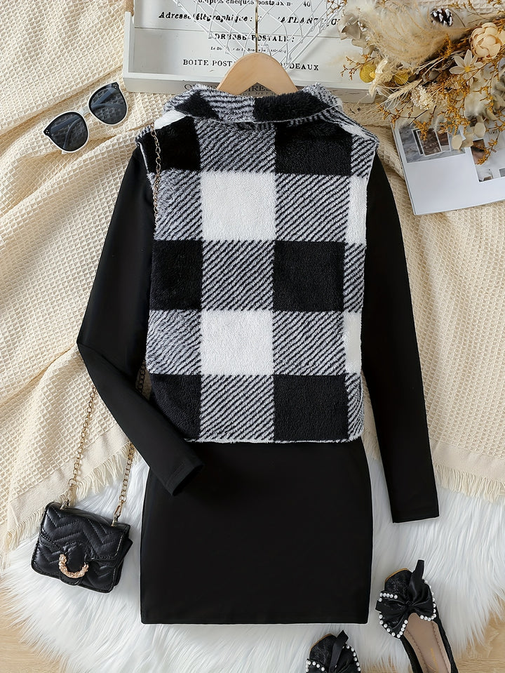 2pcs Girls Elegant Outfits, Sleeveless Checkered Jacket + Solid Long Sleeve Dress Kids Clothes For Party Gift Christmas