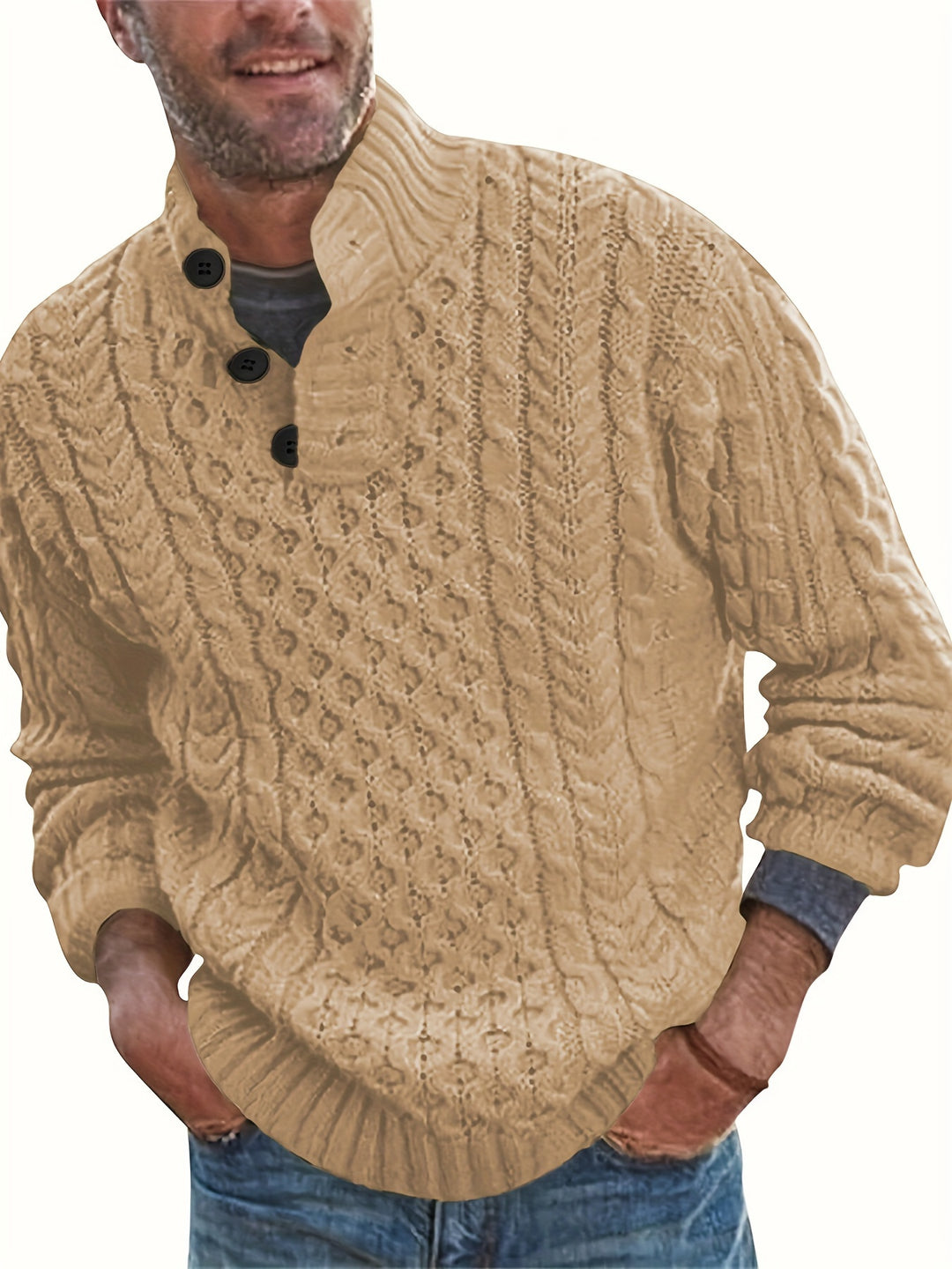 All Match Knitted Cable Sweater, Men's Casual Warm Middle Stretch Stand Collar Pullover Sweater For Fall Winter