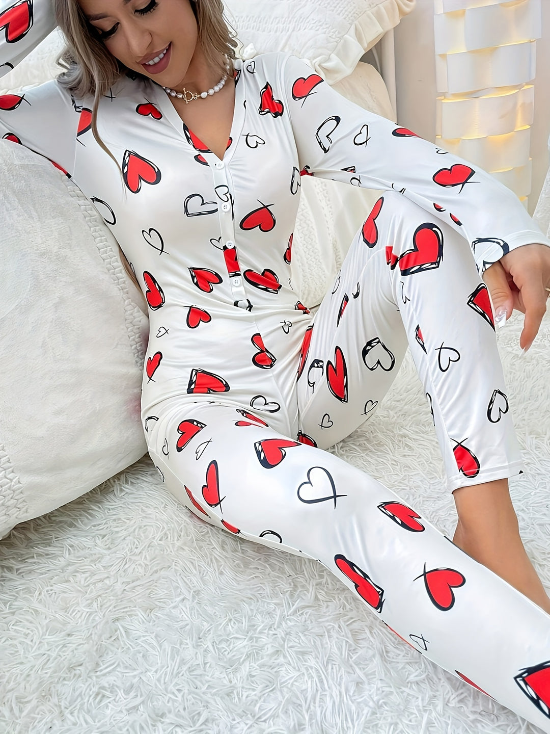 Women's Valentine's Day Casual Loungewear Jumpsuit, Plus Size Heart Print Long Sleeve Button Up V Neck Slim Fit Home Jumpsuit