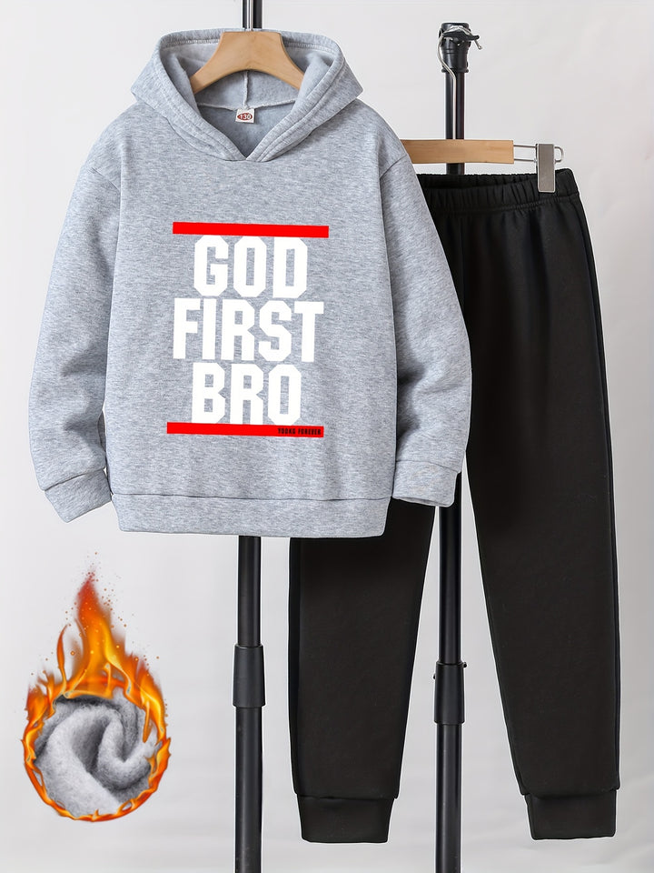 2pcs "God First Bro" Print Fleece Outfit For Boys, Warm Hoodie & Pants Set, Trendy Hooded Long Sleeve Top, Kid's Clothes For Fall Winter, As Gift