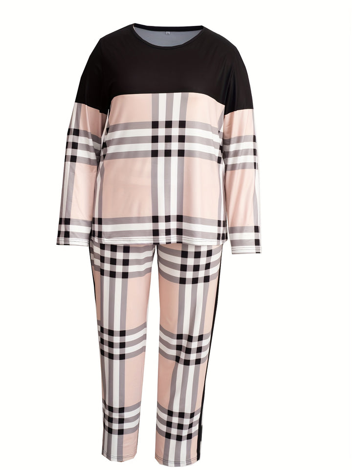 Plus Size Trendy Outfit Set, Women's Plus Colorblock Plaid Print Long Sleeve Round Neck Pullover Top & Pants Outfits Two Piece Set