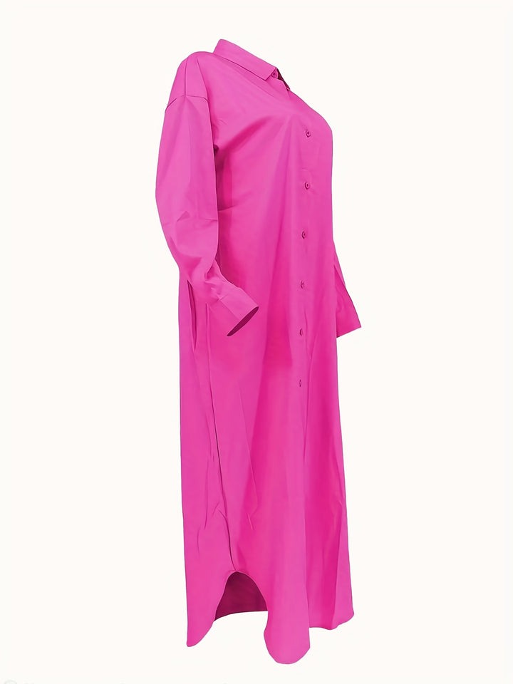Plus Size Elegant Shirt, Women's Plus Solid Long Sleeve Turn Down Collar Button Up Maxi Shirt Dress