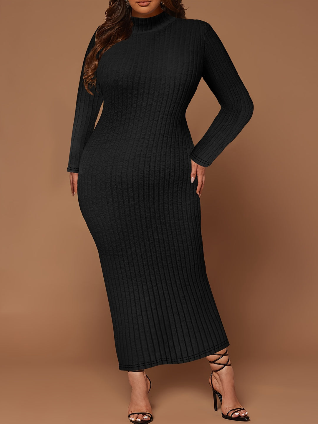Plus Size Solid Ribbed Dress, Casual Mock Neck Long Sleeve Dress, Women's Plus Size Clothing