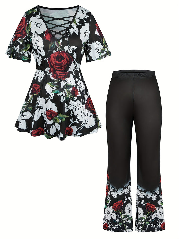 Plus Size Floral Print Two-piece Set, Cross Front Short Sleeve Top & Wide Leg Pants Outfits, Women's Plus Size Clothing