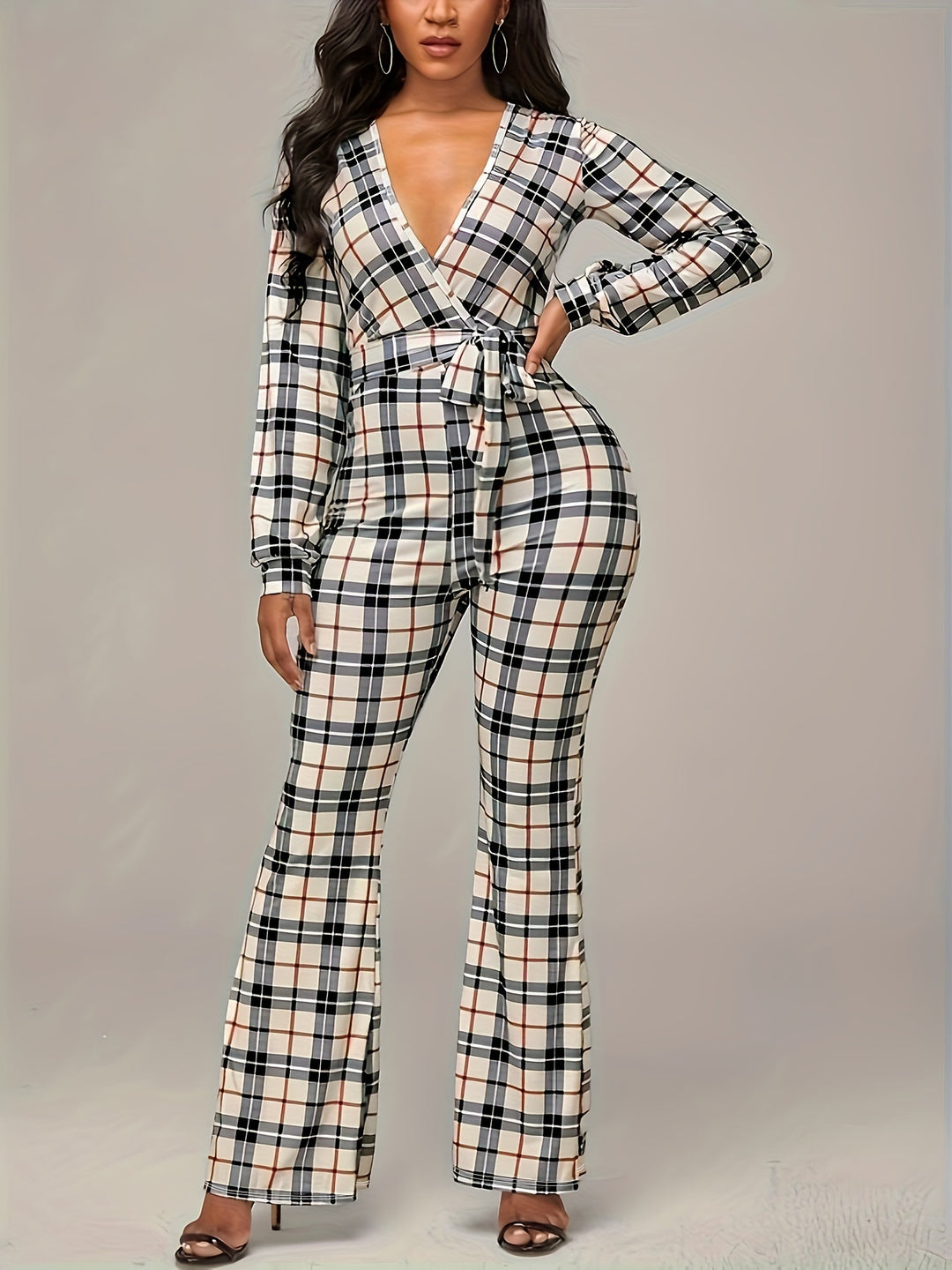 Women's Elegant Jumpsuit, Plus Size Plaid Print Long Sleeve Surplice Neck Flared Leg Jumpsuit With Belt