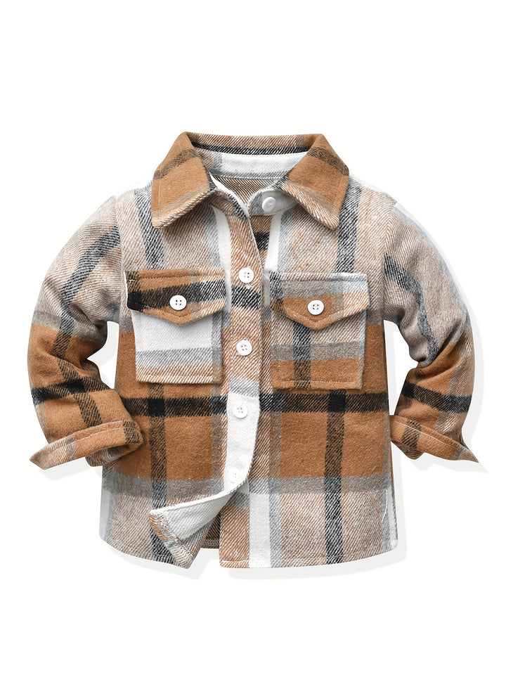 Little Kids Plaid Jacket Stitching Color Long Sleeve Button Down Flannel Preppy Shirt Autumn Coat Outwear For Kid