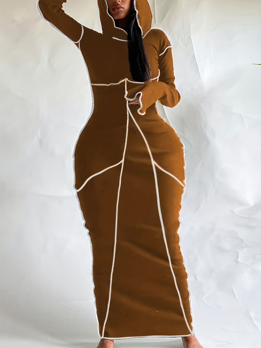 Plus Size Seam Hoodie Slim Fit Long Sleeve Bodycon Maxi Dress, Women's Plus Casual Slight Stretch Bodycon Dress