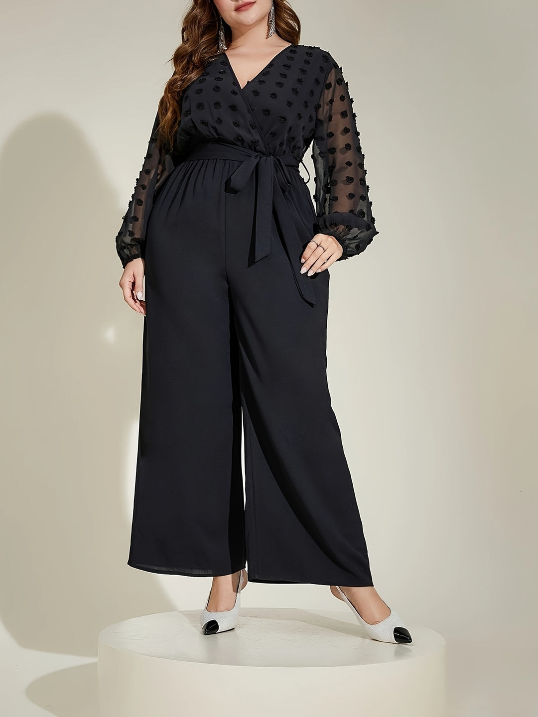 Women's Casual Jumpsuit, Plus Size Solid Contrast Mesh Swiss Dot Long Sleeve Surplice Neck Wide Leg Jumpsuit With Belt