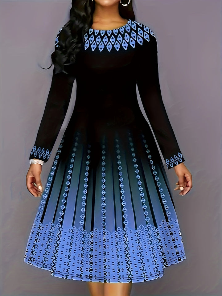 Plus Size Elegant Dress, Women's Plus Geo & Ombre Print Long Sleeve Round Neck A-line Formal Dress