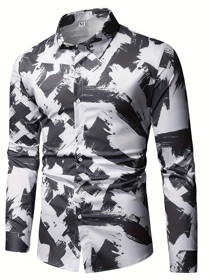 Fashion Geometric Pattern Men's Casual Long Sleeve Button Up Shirt, Spring Fall