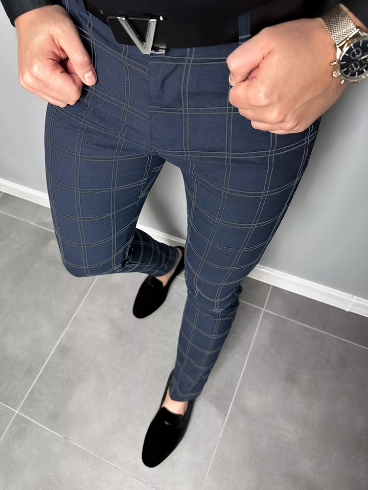 Slim Fit Plaid Slacks, Men's Casual Vintage Style Slightly Stretch Dress Pants For Business Banquet