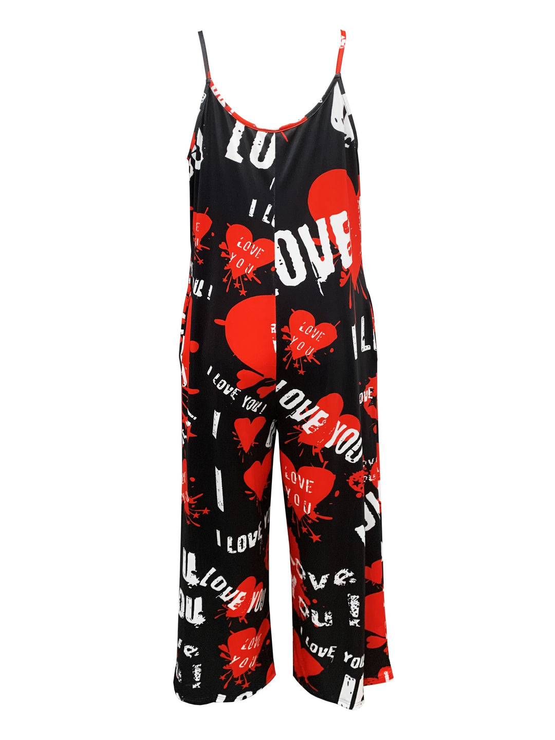 Women's Valentine's Day Jumpsuit, Plus Size Heart & Slogan Print Round Neck Wide Leg Cami Jumpsuit With Pockets