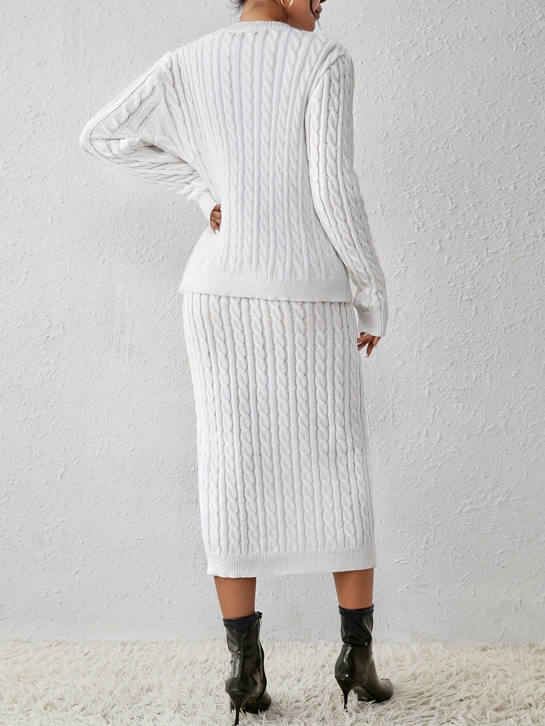 Cable Knit Solid Two-piece Set, Button Front Long Sleeve Tops & Crew Neck Sleeveless Dress Outfits, Women's Clothing