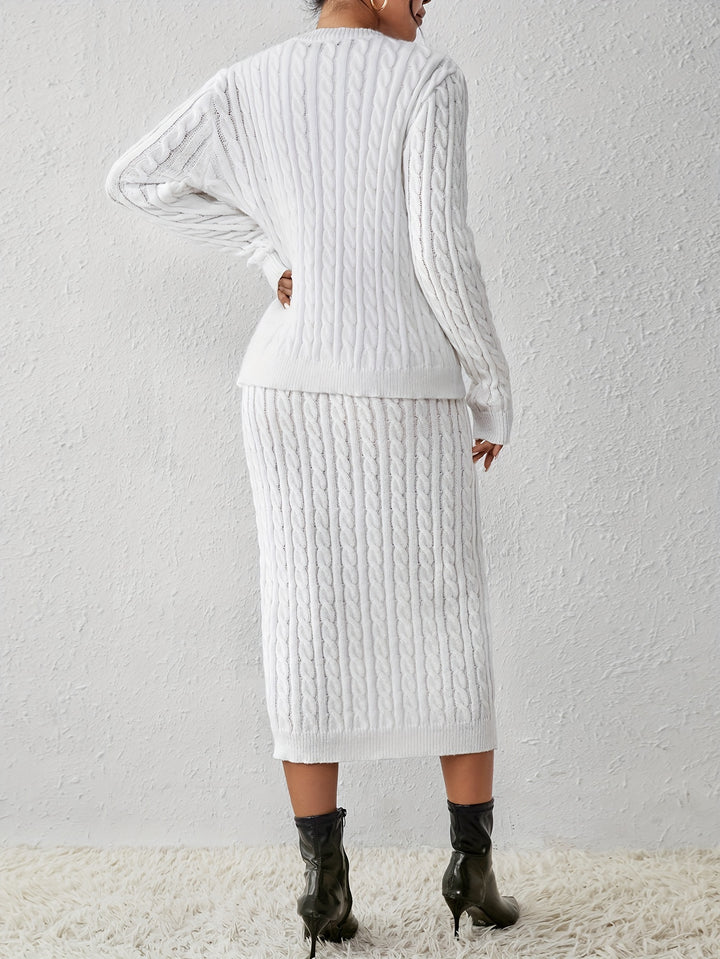 Cable Knit Solid Two-piece Set, Button Front Long Sleeve Tops & Crew Neck Sleeveless Dress Outfits, Women's Clothing