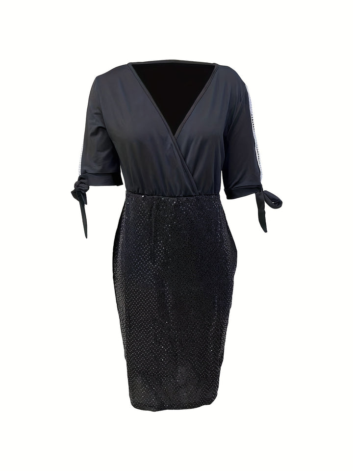 Plus Size Party Dress, Women's Plus Faux Pearl Decor Cut Out Sequin Slim Fit Event Dress