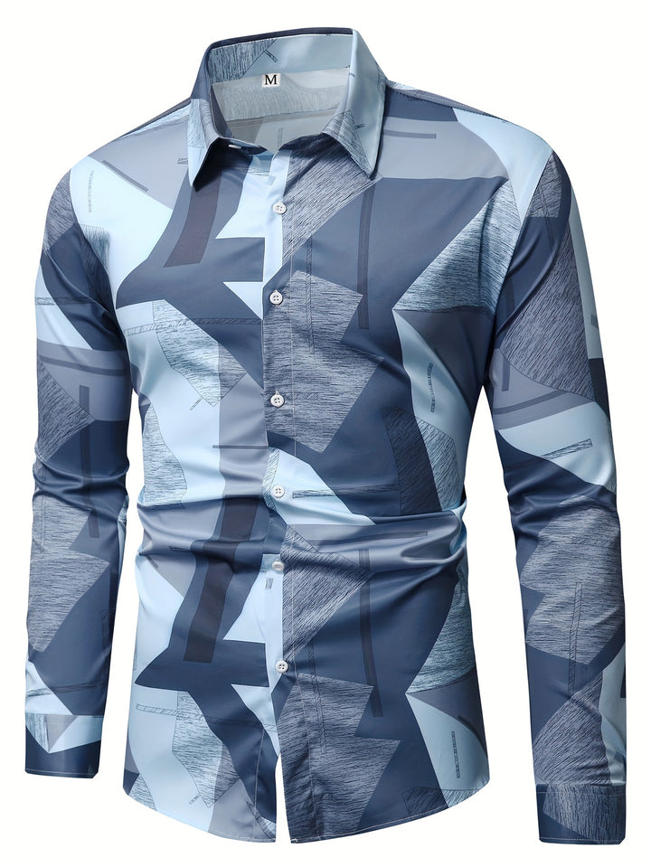 Fashion Geometric Pattern Men's Casual Long Sleeve Button Up Shirt, Spring Fall