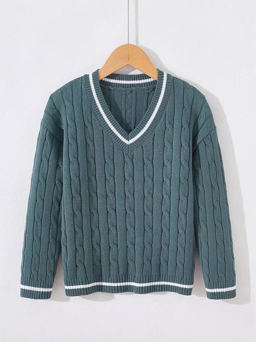 Kid's Preppy Style V-neck Sweater, Cable Knit Pullover, Causal Long Sleeve Top, Boy's Clothes For Spring Fall Winter