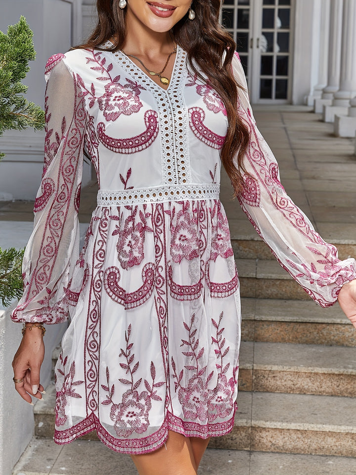 Plus Size Elegant Dress, Women's Plus Floral Print Contrast Lace Trim Mesh Lantern Sleeve V Neck Nipped Waist Dress