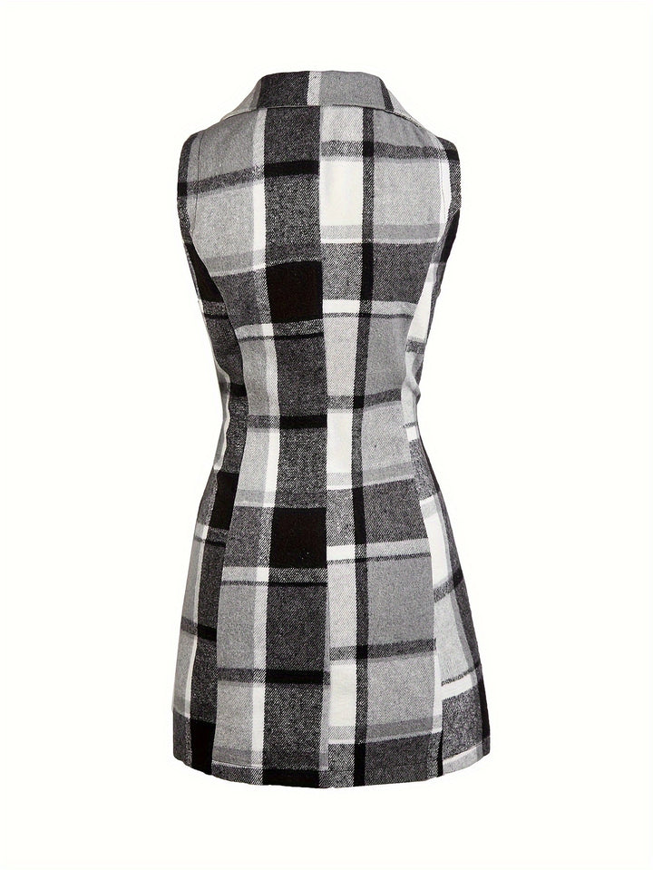 Plaid Sleeveless Lapel Blazer, Casual Single Breasted Outerwear, Women's Clothing