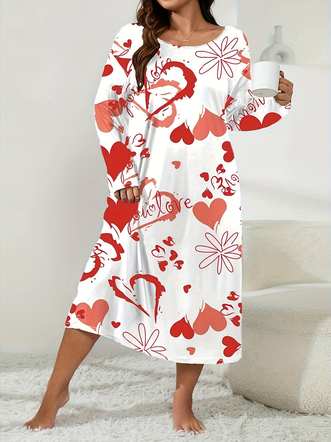 Plus Size Valentine's Day Elegant Loungewear Dress, Women's Plus Floral & Heart Print Long Sleeve Round Neck Sleep Dress