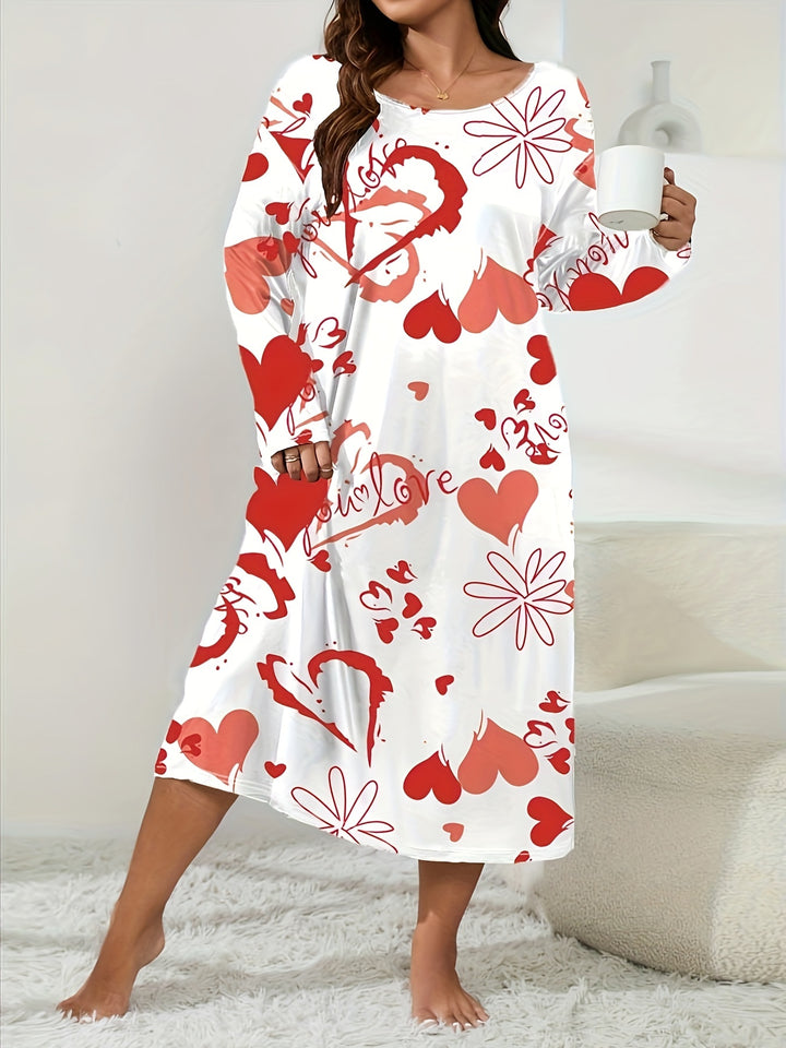 Plus Size Valentine's Day Elegant Loungewear Dress, Women's Plus Floral & Heart Print Long Sleeve Round Neck Sleep Dress
