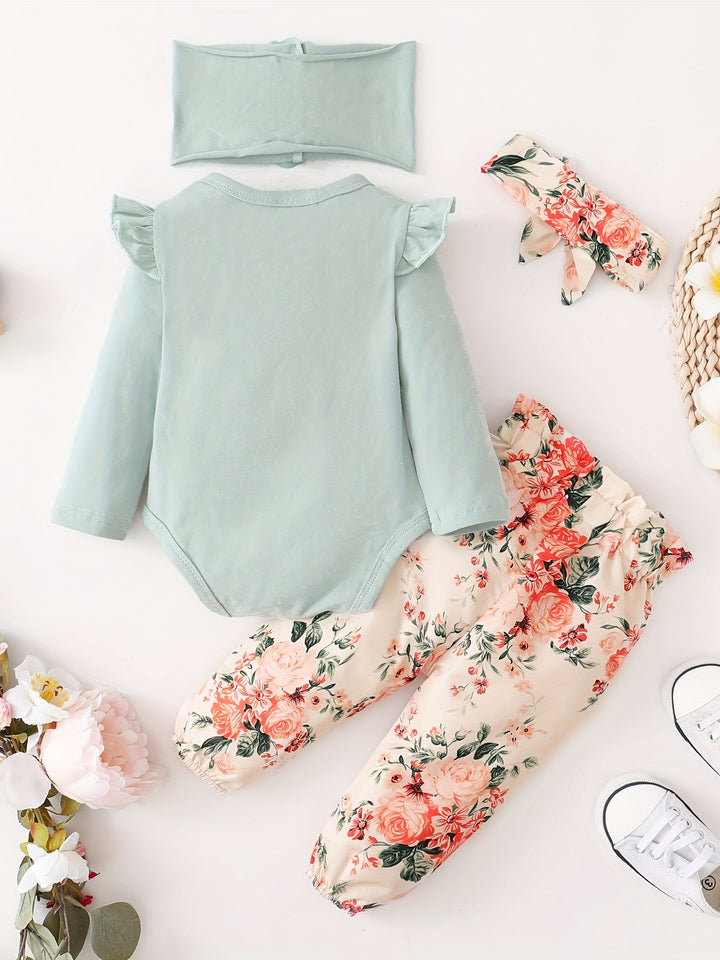 Lovely & Casual Baby Girls Outfit - Letter Print Long Sleeve Infant Onesie Romper + Pants + Headbands Gift 4psc Set