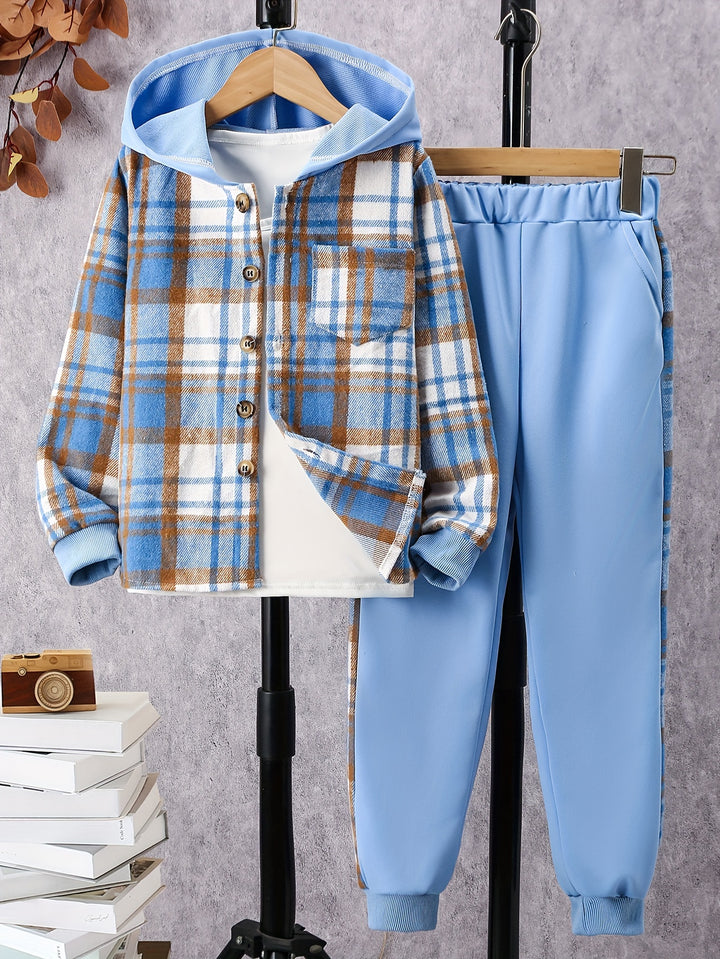 2pcs Boy's Casual Sweatpants Outfit, Hooded Plaid Pattern Shirt & Jogger Pants Set, Casual Long Sleeve Top, Kid's Clothes For Spring Fall Winter